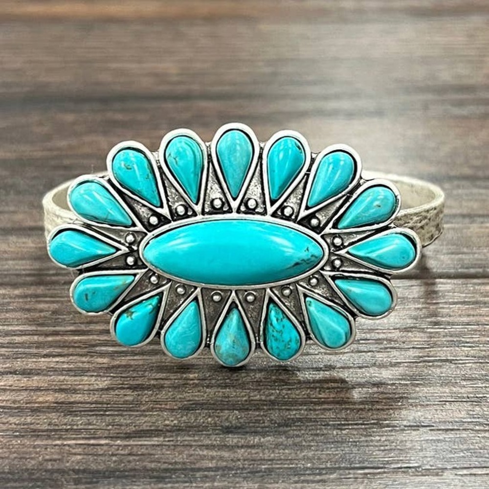 Turquoise Sunburst Cuff Bracelet Western Boho Rode Silver Tone Statement Rodeo